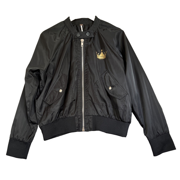 Free People Jacket Womens Medium Black Satin Midnight Bomber Zip Up Embroidered - Picture 1 of 12
